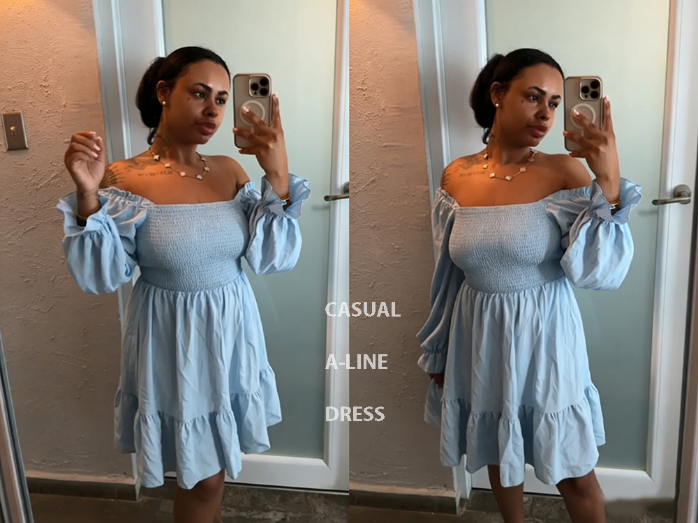 Women's Square Neck Smocked Dress Long Latern Sleeves Elegant